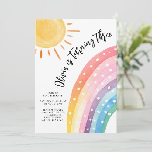 Watercolor Rainbow Sunshine Summer Birthday Party Invitation