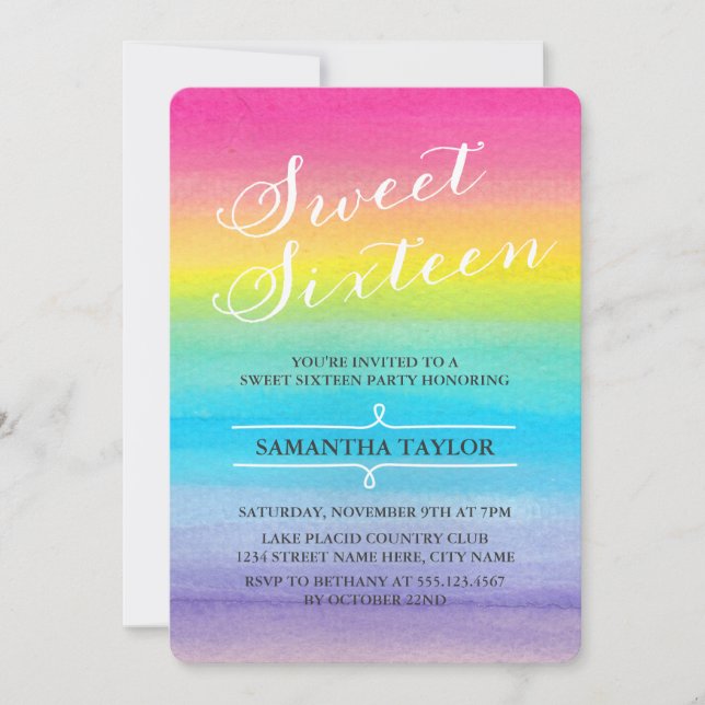 Watercolor Rainbow Sweet Sixteen Party Invite (Front)