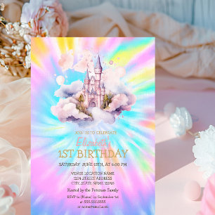 Watercolor Rainbow Tie Dye Castle Birthday Invitation