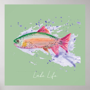Watercolor Rainbow Trout Lake Life Poster