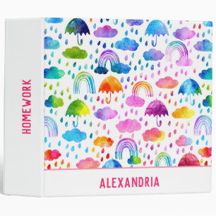 Watercolor Rainbow Umbrellas Rainy Day Girls 3 Ring Binder