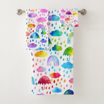Watercolor Rainbow Umbrellas Rainy Day Girls Bath Towel Set