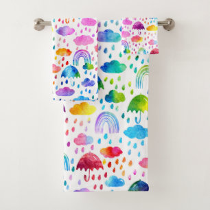Watercolor Rainbow Umbrellas Rainy Day Girls Bath Towel Set