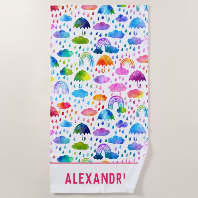 Watercolor Rainbow Umbrellas Rainy Day Girls Beach Towel (Front)
