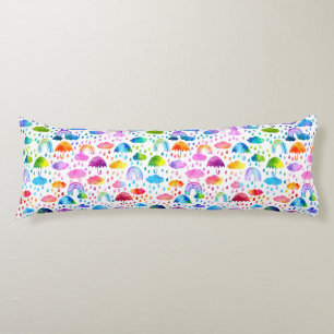 Watercolor Rainbow Umbrellas Rainy Day Girls Body Pillow