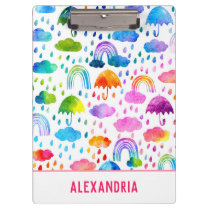 Watercolor Rainbow Umbrellas Rainy Day Girls Clipboard