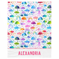Watercolor Rainbow Umbrellas Rainy Day Girls Fleece Blanket