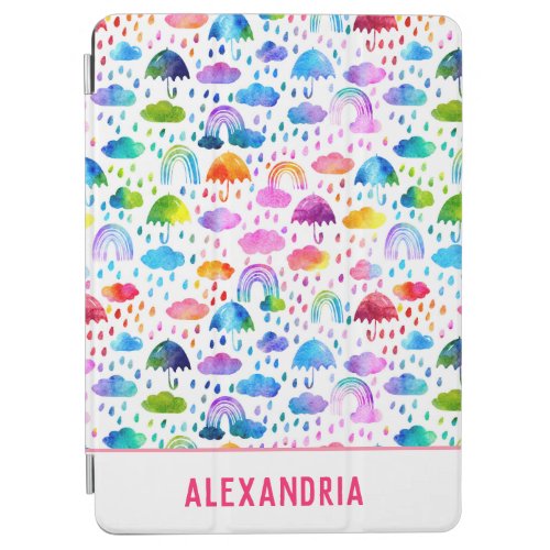 Watercolor Rainbow Umbrellas Rainy Day Girls iPad Air Cover