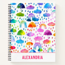 Watercolor Rainbow Umbrellas Rainy Day Girls Notebook