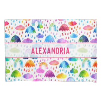 Watercolor Rainbow Umbrellas Rainy Day Girls Pillow Case