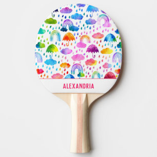 Watercolor Rainbow Umbrellas Rainy Day Girls Ping Pong Paddle