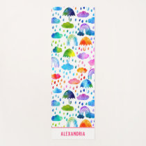Watercolor Rainbow Umbrellas Rainy Day Girls Yoga Mat