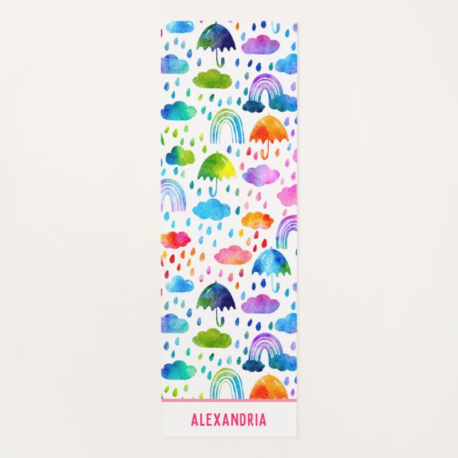 Watercolor Rainbow Umbrellas Rainy Day Girls Yoga Mat (Front)