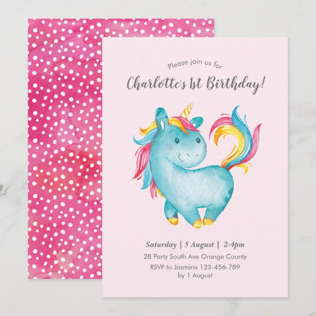 Watercolor Rainbow Unicorn Birthday Invitation (Front/Back)