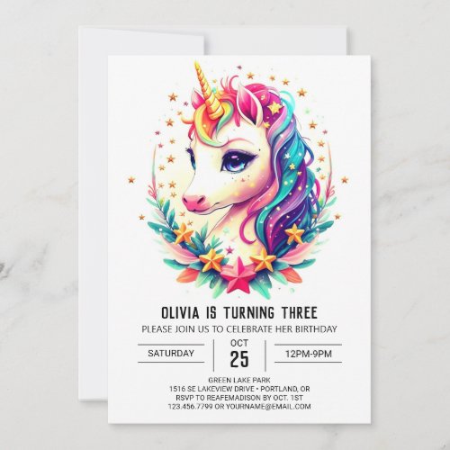 Watercolor Rainbow Unicorn Birthday Invitation