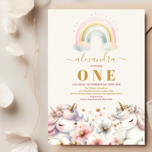 Watercolor Rainbow Unicorn Birthday Invitation 1st