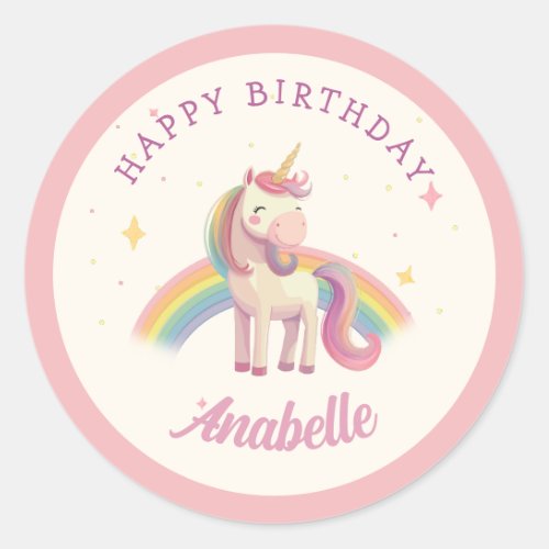 Watercolor Rainbow Unicorn Birthday Party Favor Classic Round Sticker