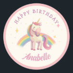 Watercolor Rainbow Unicorn Birthday Party Favor Classic Round Sticker<br><div class="desc">Rainbow unicorn with rainbow and stars on custom color background. choose from multiple plate sizes and shapes. Border is optional</div>
