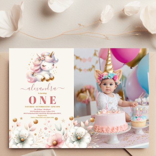 Watercolor Rainbow Unicorn Birthday photo 1st Invitation