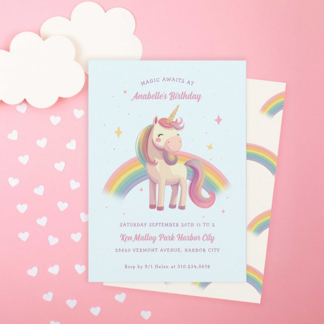Watercolor Rainbow Unicorn Blue Birthday Party  Invitation (Creator Uploaded)