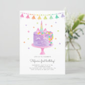 Watercolor Rainbow Unicorn Cake First Birthday Invitation (Standing Front)