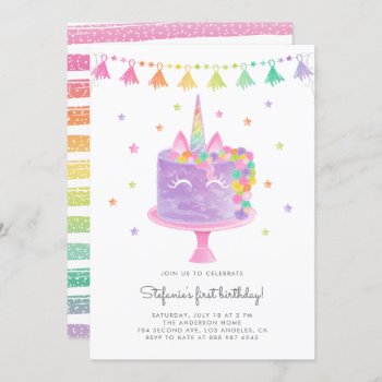 Watercolor Rainbow Unicorn Cake First Birthday Invitation by misstallulah at Zazzle