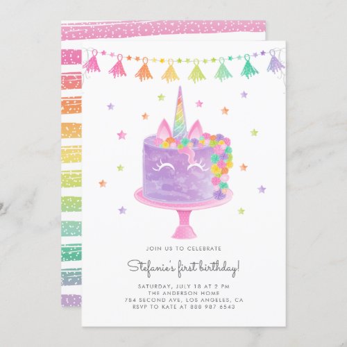 Watercolor Rainbow Unicorn Cake First Birthday Invitation