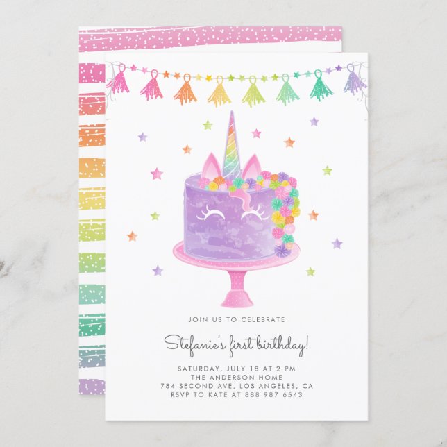 Watercolor Rainbow Unicorn Cake First Birthday Invitation (Front/Back)