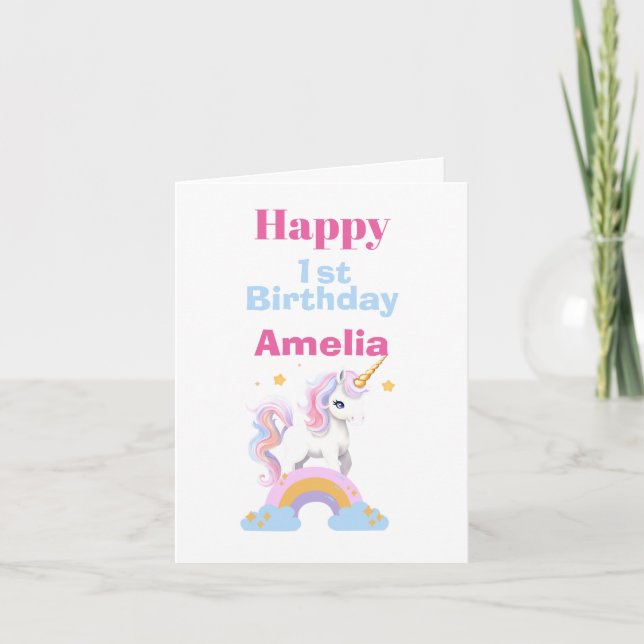 Watercolor Rainbow Unicorn First Birthday Card  (Front)