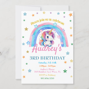 Watercolor Rainbow Unicorn Girl Birthday Invitation