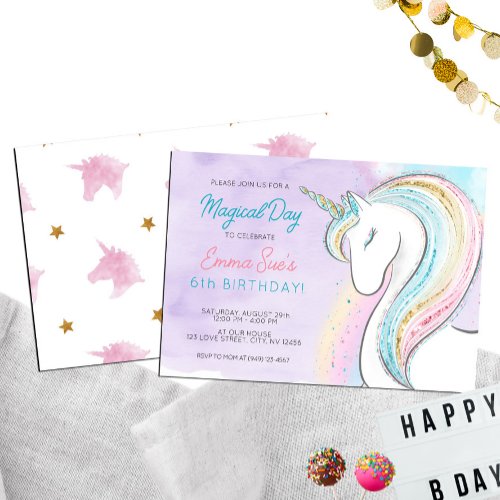 Watercolor Rainbow Unicorn Girls Birthday Invitation