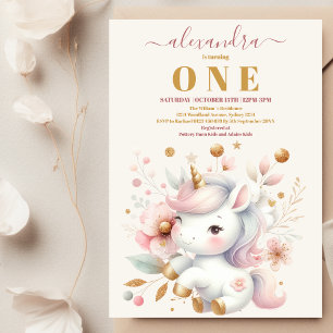 Watercolor Rainbow Unicorn Gold 1st Birthday Invitation