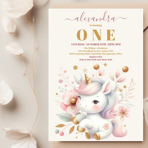 Watercolor Rainbow Unicorn Gold 1st Birthday  Invitation