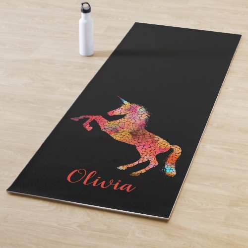 Watercolor Rainbow Unicorn Personalized Black Yoga Mat