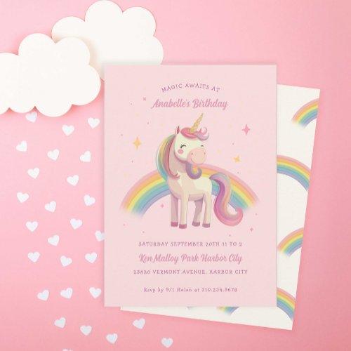 Watercolor Rainbow Unicorn Pink Birthday Party  Invitation