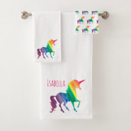 Watercolor Rainbow Unicorn Silhouette Personalized Bath Towel Set