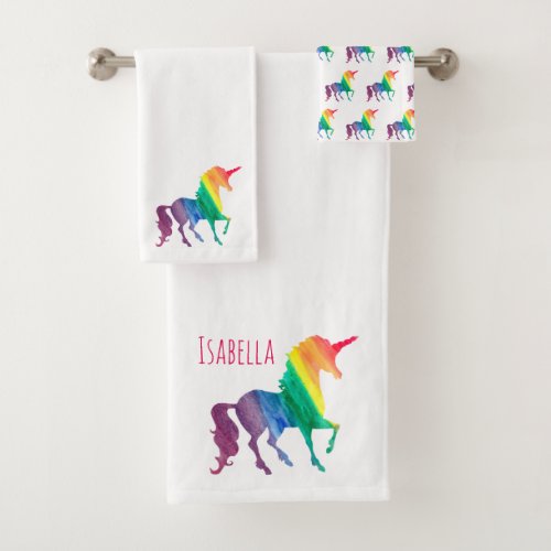 Watercolor Rainbow Unicorn Silhouette Personalized Bath Towel Set