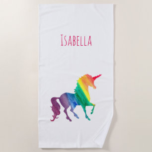 Watercolor Rainbow Unicorn Silhouette Personalized Beach Towel