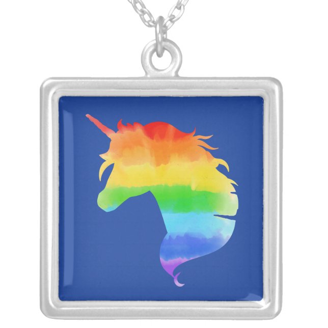 Watercolor Rainbow Unicorn Silver Plated Necklace (Front)