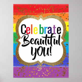 Watercolor Rainbow w Gold Celebrate You Diversity Poster