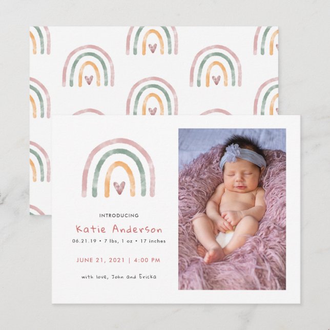 Watercolor Rainbow with Heart Birth Announcement (Front/Back)