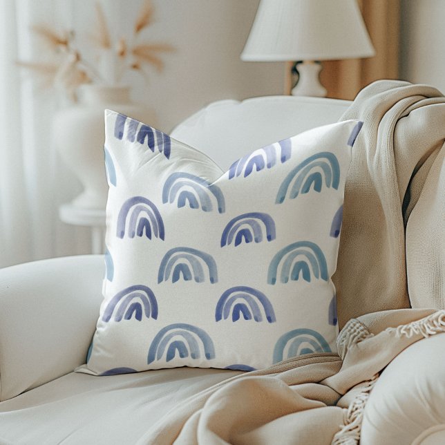 Watercolor Rainbows in Blue Reversible Throw Pillow (Watercolor Rainbows in Blue Reversible Throw Pillow)