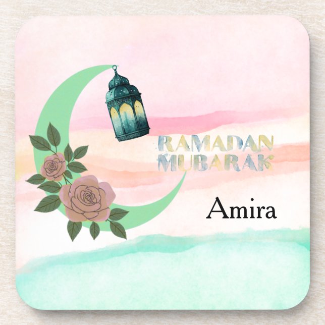 Watercolor Ramadan – Crescent Moon  Beverage Coaster (Front)