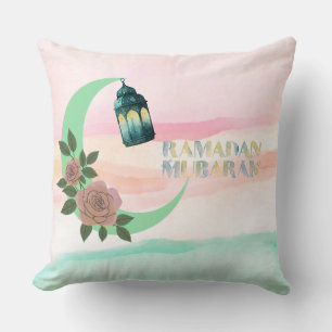 Watercolor Ramadan Design Lantern, Crescent Moon Throw Pillow