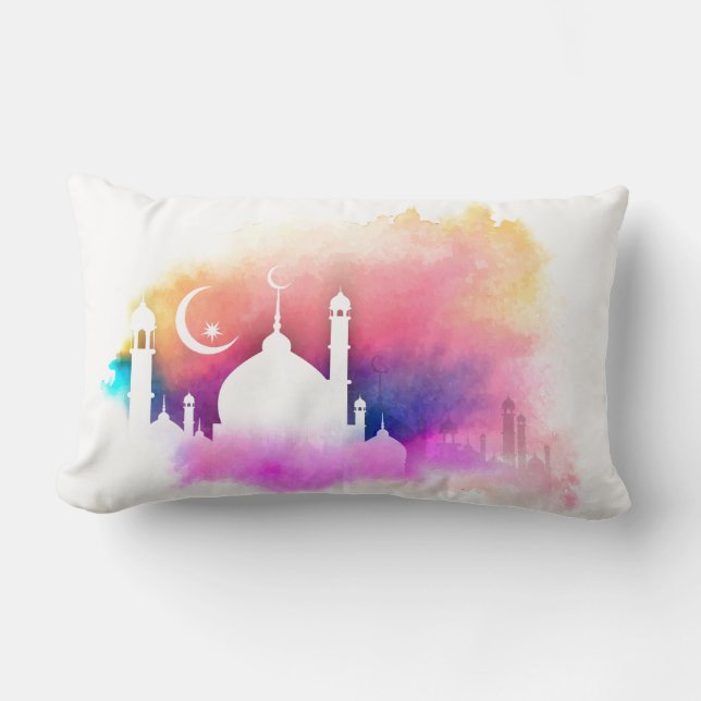 Watercolor Ramadan Mosque Oranges and Purples Lumbar Pillow (Front)
