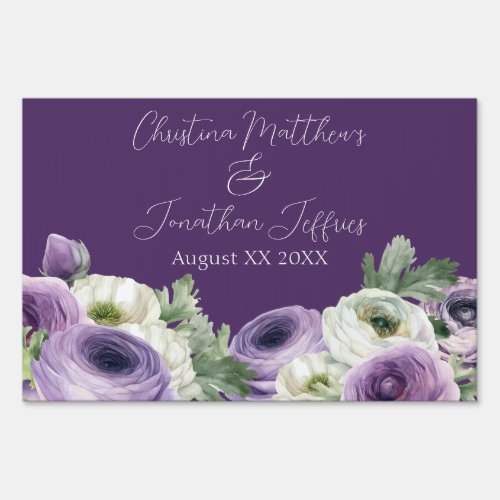 Watercolor Ranunculus Flowers Dark Purple Wedding Sign