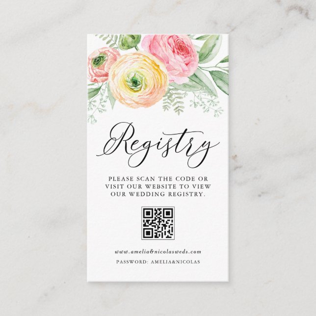 Watercolor Ranunculus Wedding QR Code Registry Enclosure Card (Front)