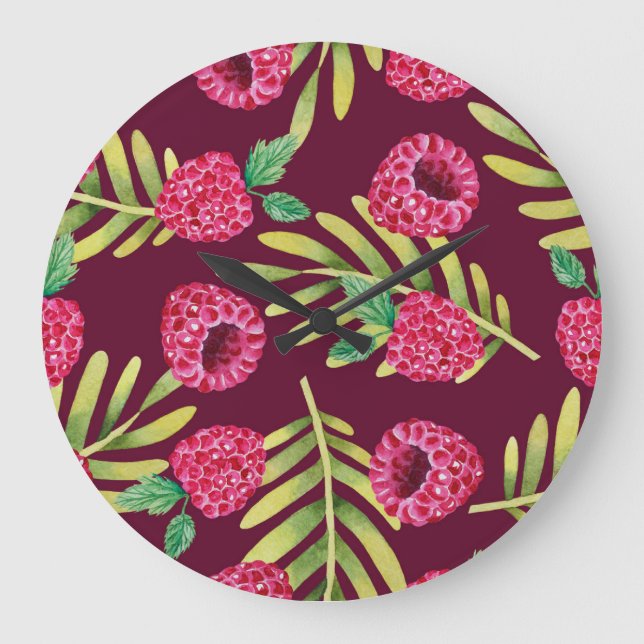 Watercolor raspberries: red fruit pattern. large clock (Front)