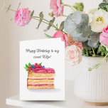 Watercolor Raspberry Cake Birthday Wife Card<br><div class="desc">This delightful greeting card features a hand-painted watercolor illustration of a luscious raspberry cake, adorned with fresh mint leaves and a vibrant assortment of blueberries and raspberries resting atop a rich layer of raspberry jam frosting. The meticulous attention to detail in the artwork captures the freshness and vivid colors of...</div>