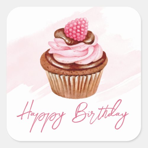 Watercolor Raspberry  Chocolate Cupcake Birthday Square Sticker